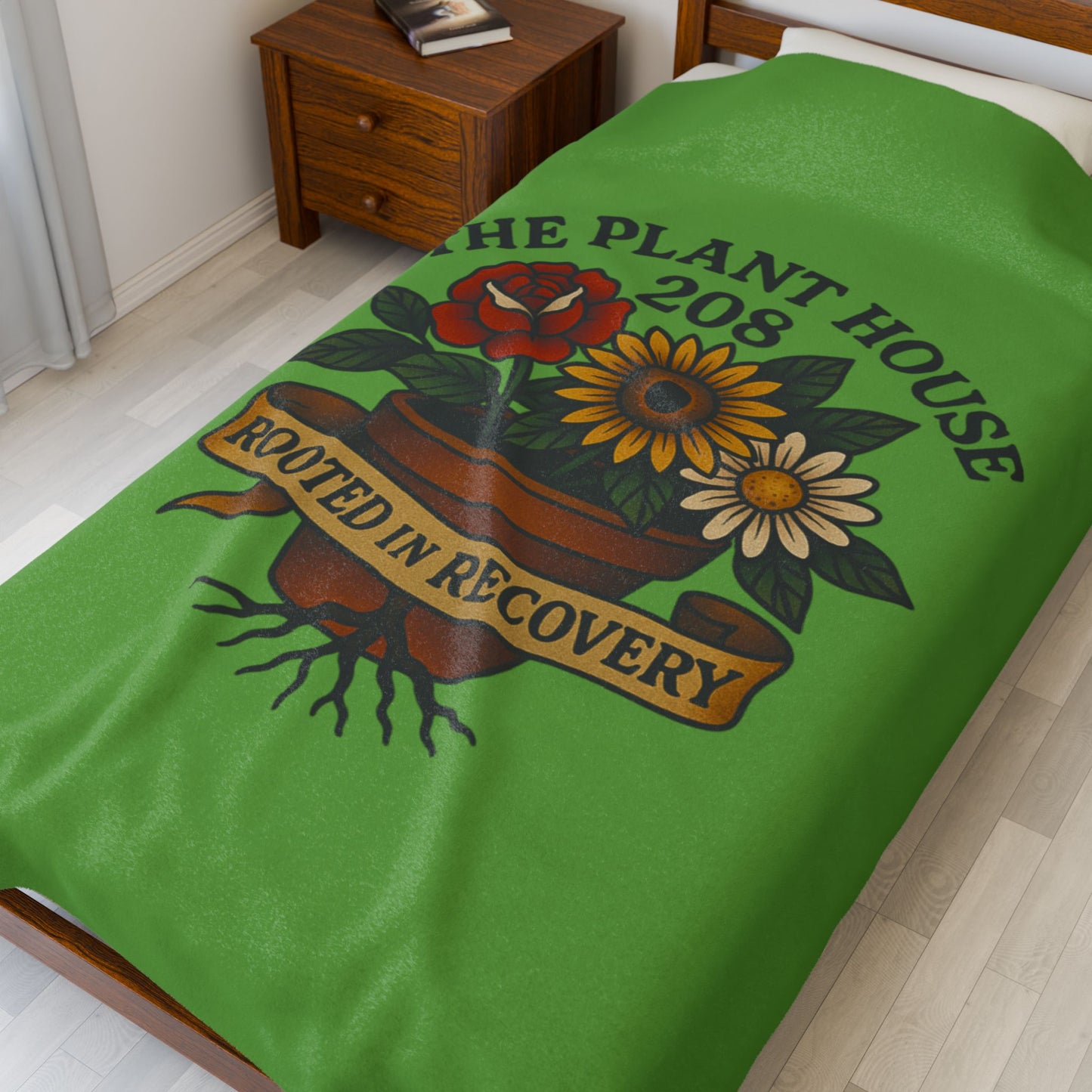 Rooted in Recovery Velveteen Plush Blanket, Cozy Throw for Mindfulness, Self-Care Gift, Recovery Decor, Home Comfort