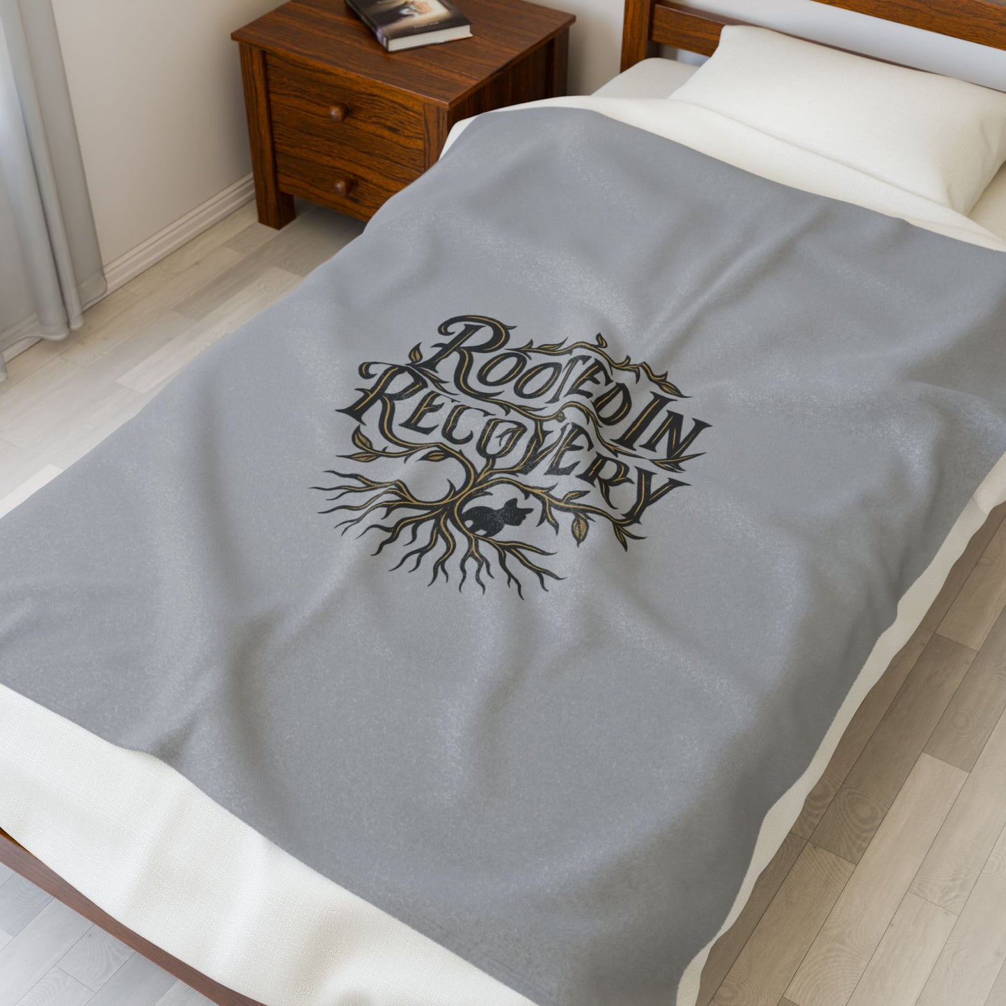 Rooted in Recovery Velveteen Plush Blanket, Cozy Throw for Mindfulness, Self-Care Gift, Recovery Decor, Home Comfort