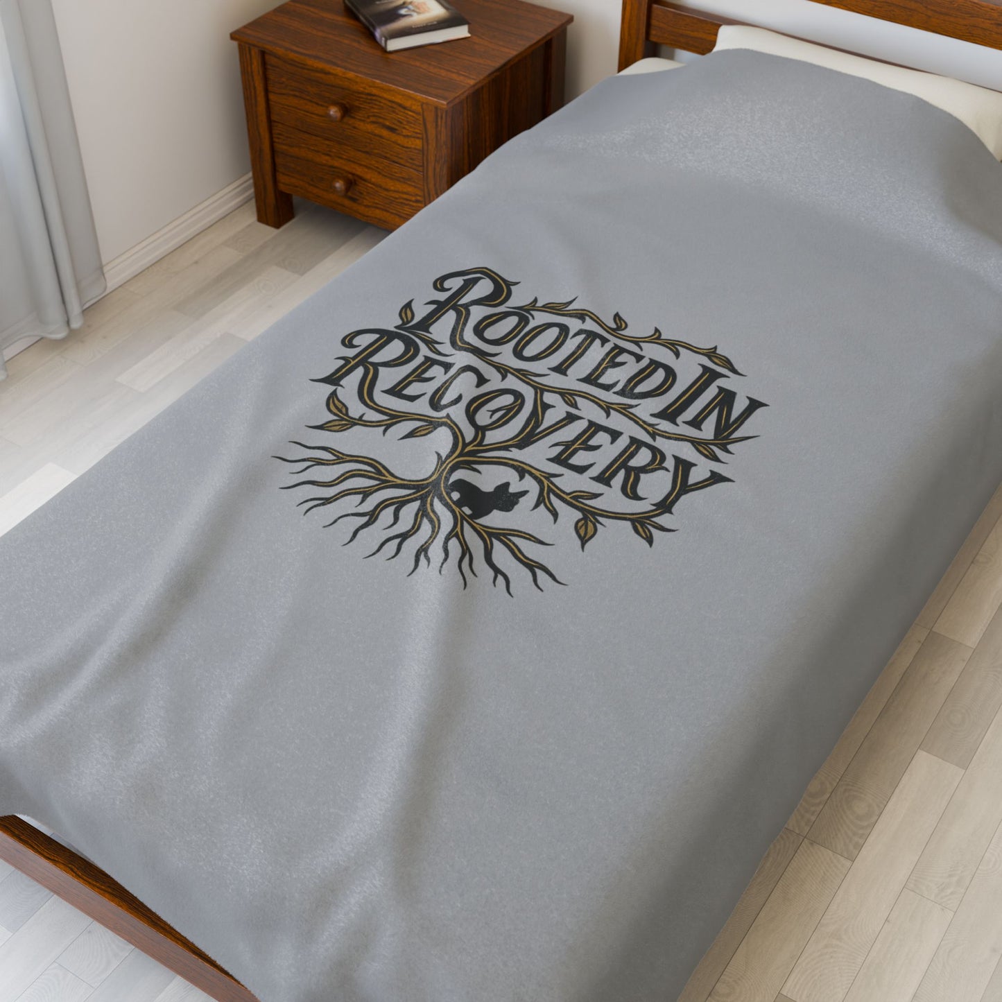 Rooted in Recovery Velveteen Plush Blanket, Cozy Throw for Mindfulness, Self-Care Gift, Recovery Decor, Home Comfort